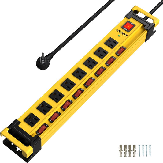Plug'n 8 Outlet Long Power Strip,2700J Surge Protector with Individual Switches,Wide Spaced,Heavy Duty Power Strip with 6FT/14AWG/15A Power Cord and Flat Plug for Workshop,Garage,Industrial,Home