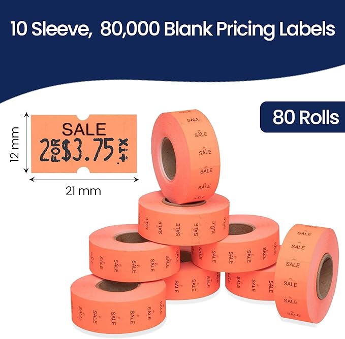 Perco 1 Line Fluorescent Red Sale Labels - 80 Rolls, 10 Sleeves, 80,000 Blank Price and Date Gun Labels for Perco 1 Line Price and Date Guns - Made in USA
