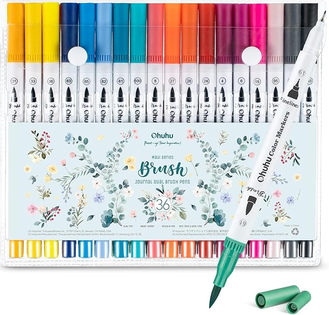 Ohuhu Markers for Adult Coloring Books: 36 Colors Coloring Markers Dual Tips Fine & Brush Drawing Pens Water-Based Art Markers for Kids Adults Drawing Sketching Bullet Journal - Maui - White