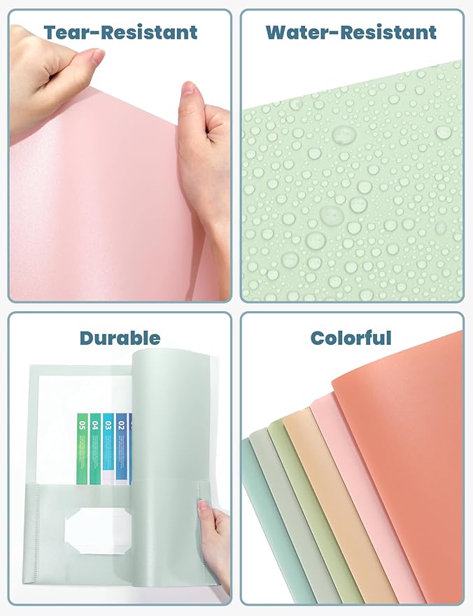 SUNEE Folders with Pockets (6 Pack, Vintage Colors), Plastic Folders with Pockets, Poly Folders for Documents Letter Size, 2 Pocket Folders for Kids, Home, School, Office