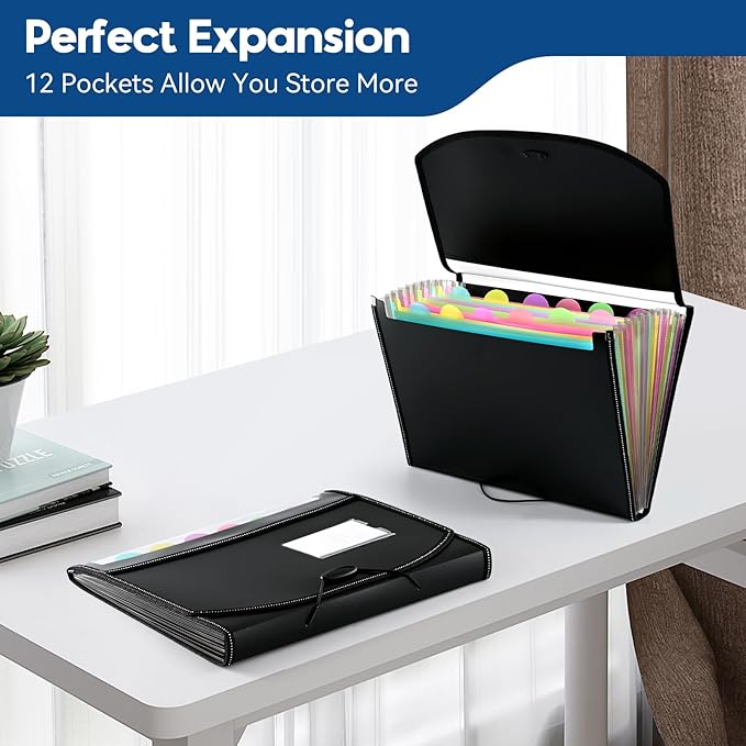 12-Pocket-Expanding File-Folder,Accordion-File-Organizer, A4/US Letter Size Paper Receipt Organizer Accordian Filing Folders (Black-C-12 Pockets)