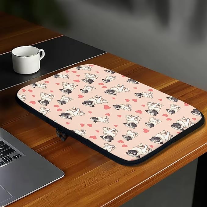 Pug Dog Printed Computer Bags for Laptops for Women, Heart Pattern Computer Carrying Cover Laptop Briefcase, 13 Inch Water Resistant Laptop Case Portable Computer Case Bag