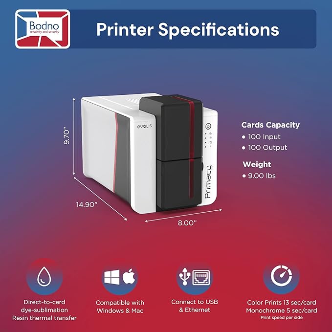 Bodno Evolis Primacy 2 Single Sided ID Card Printer & Complete Supplies Package Bronze Edition ID Software
