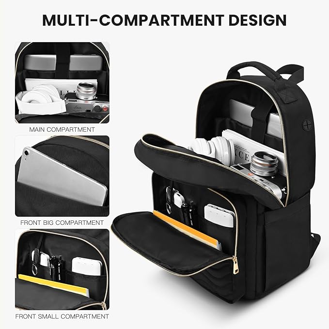 Travel Laptop Backpack for women, Work Backpack Woman with USB Charging Port, Water Resistant College Backpack, Stylish Quilted Girls Backpack Casual Daypack for 15.6 Inch Laptop, Black