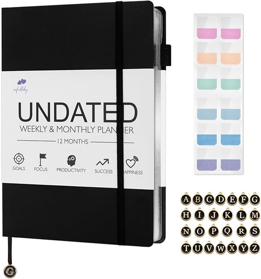 Undated Weekly and Monthly Planner, Cofullsky Weekly To Do List Planner Notebook with Unique Lettering Ribbon A5 Size Personalized Present Suitable for Women Men Teachers Kids (Letter V)