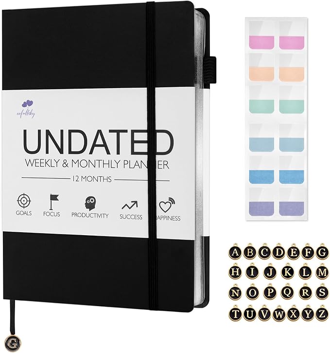 Undated Weekly and Monthly Planner, Cofullsky Weekly To Do List Planner Notebook with Unique Lettering Ribbon A5 Size Personalized Present Suitable for Women Men Teachers Kids (Letter O)