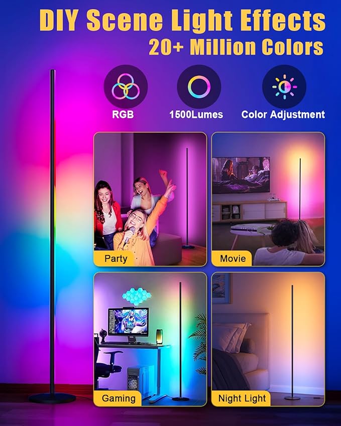 unionlux RGB Corner Floor Lamp- All Metal 24W 200% Brighter RGB Floor Lamp with APP/Remote, Music Sync and 20 Million DIY Colors RGB Corner Lamp for Living Room, Bed Room, Gaming Room