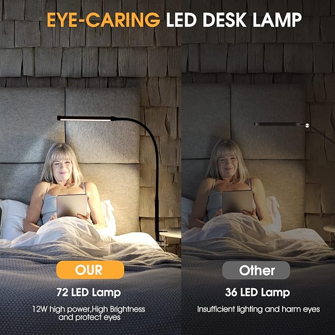 LED Desk lamp with Clamp, Eye-Caring Clip on Lights for Home Office, 3 Modes 10 Brightness, Long Flexible Gooseneck,Metal, Swing Arm Architect Task Table Lamps with USB Adapter, Black