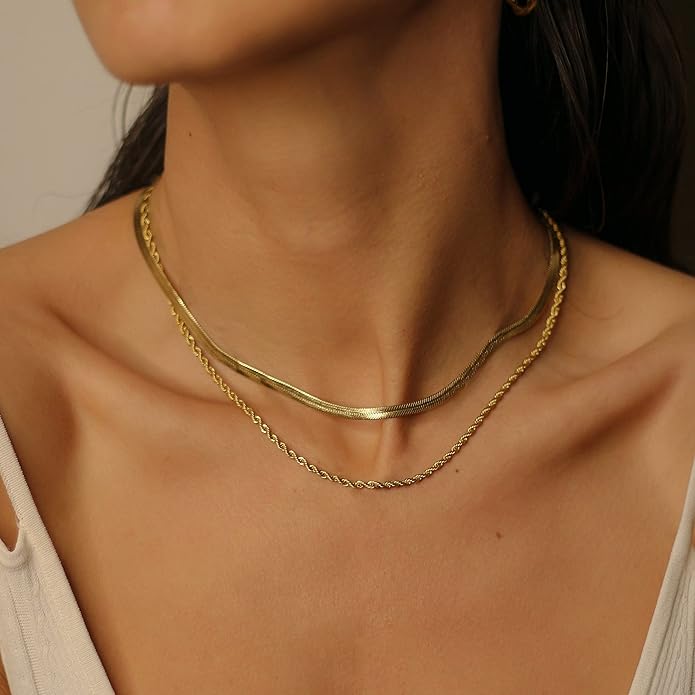 Herringbone Necklace for Women,Dainty Gold Necklace,14k Gold Plated Snake,Gold Chain Choker Necklaces,Simple Gold Layered Necklaces,Gold Jewelry Gift for Women