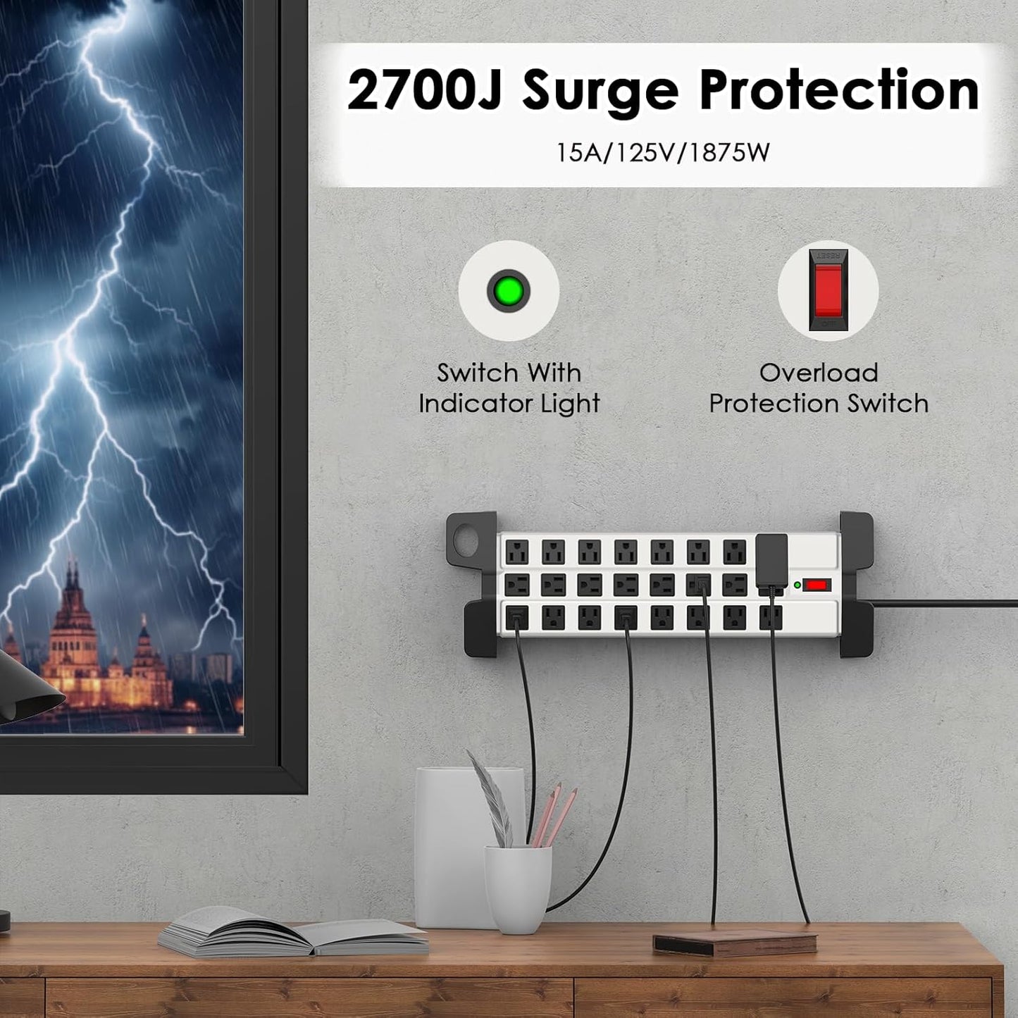 HHSOET Heavy Duty Power Strip with Surge Protection, Industrial Commercial Metal 24 Outlets Wall Mount for Garage Shop, 15 Amp, Switch, 6FT Extension Cord, Grey.
