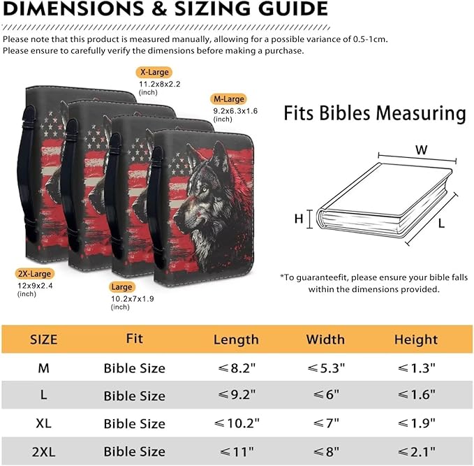 Lotusorchid American Flag Wolf Bible Bags, Faux Leather Bible Covers with Handle Pockets for Women, Portable Sturdy Bible Bag for Men, Christian Bible Study Accessories, Black and Red, XL
