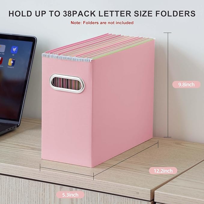 Oterri File Organizer, 4 Packs Small Storage Box, Cardboard File Folder Organizer, Collapsible File Box, Hanging File Organizer for Letter Size, Portable File Box with Handle, Only Box（Pink）