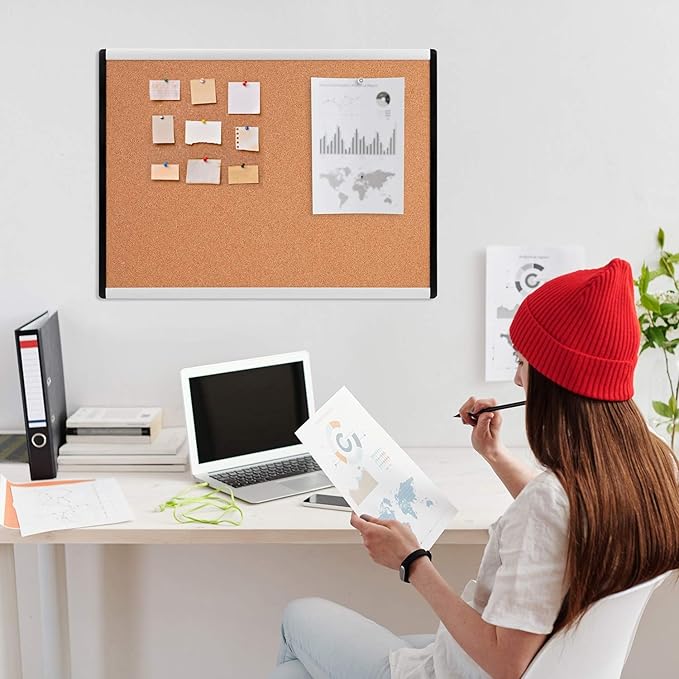 Amazon Basics Rectangular Cork Board with Aluminum/Plastic Frame and Mounting Tabs, 23" x 17", Brown