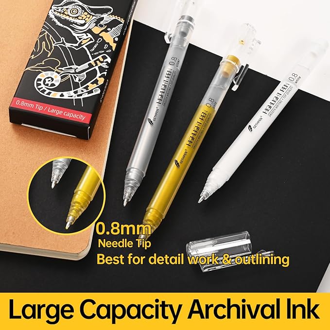 0.8mm Extra Fine Point 3 Colors Gel Pen Set White,Gold and Silver Gel Ink Pens for Artists, White Gel Pen, White Ink Pen, White Pens for Artists Drawing