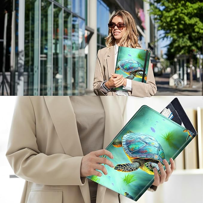 PU Leather Padfolio Clipboard Notepad with Pen Loop and Elastic Strap Interview/Resume Document Organizer for Business School Office,Sea Turtles