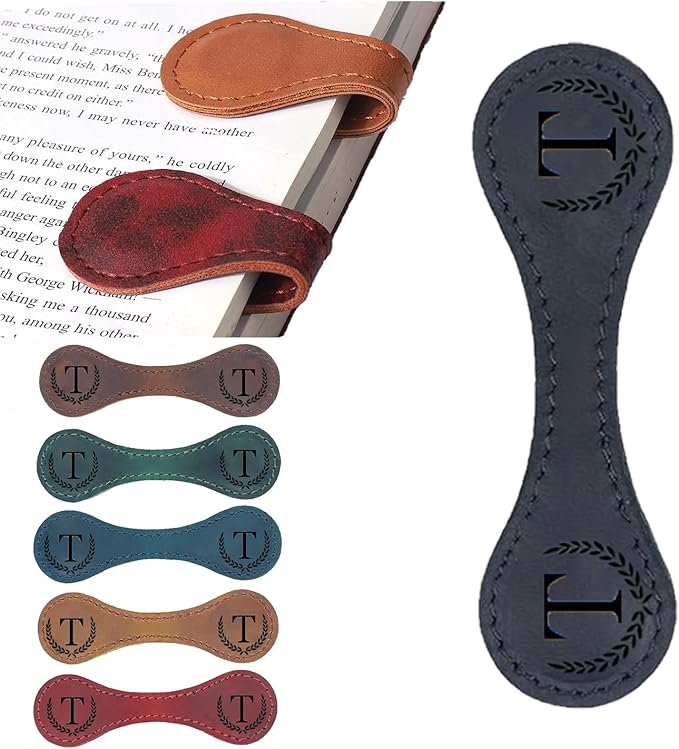 Personalized Magnetic Leather Bookmark, 26 Letters Custom Leather Bookmarks, Handmade, Leather Magnetic Bookmark for Book Lovers Readers Women Kid(Black，T）