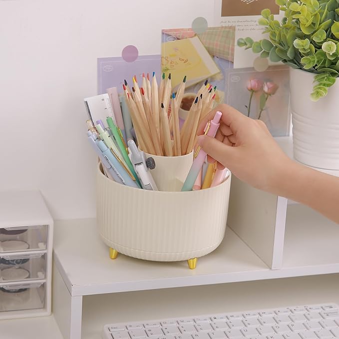 SKYDUE 360 Degree Rotating Desk Organizer, Dual-Purpose Pencil Pen Holder for Desk, Rotating Desk Pen Organizer with 5 Slots, Pencil Cup for Office, School, Home Beige
