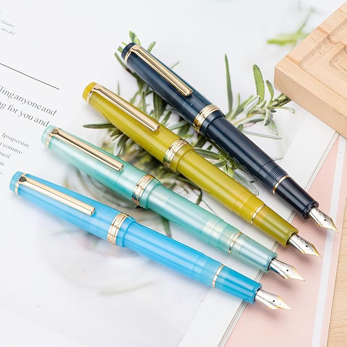 Jinhao 82 Acrylic Fountain Pen, Iridium Medium Nib with Ink Converter, Transparent Sea Blue Classic Design Smooth Writing Pen (Gold Trim)