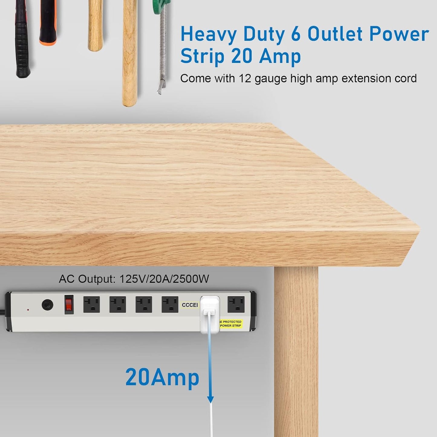 CCCEI Heavy Duty Power Strip Surge Protector 20 Amp, High Amp Industrial Shop Garage Metal Multiple Outlets, 12 FT 12 Gauge 5-15P Extension Cord 6 Outlet 6-20R T-Slot 20a for Appliance.