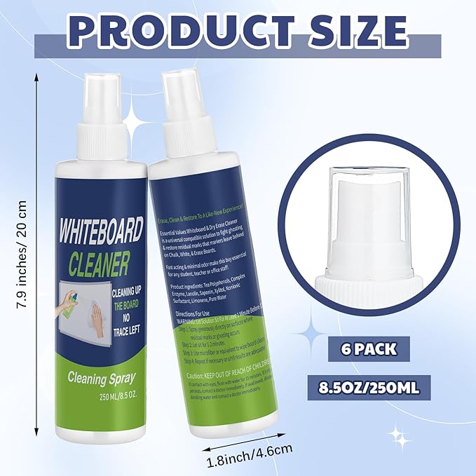 6 Pack Whiteboard Cleaner 8.5oz Dry Erase Board Cleaner White Board Cleaning Spray Dry Erase Cleaner Spray Removes Stubborn Marks from Whiteboard Chalkboard
