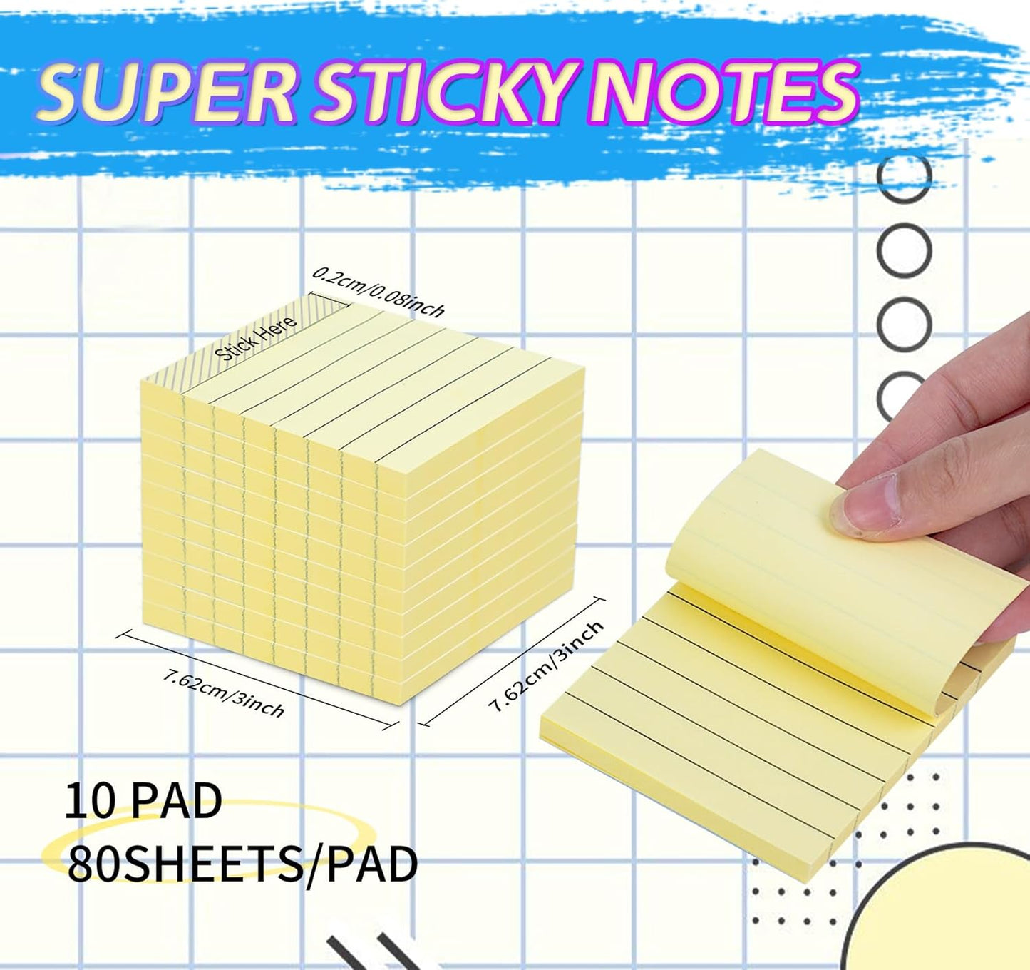 10 Pack Lined Sticky Notes 3x3 Inch 800 Sheets Yellow Self-Stick Note Pads, Sticky Notes with Lines Super Sticky Easy Remove for School Office Meeting