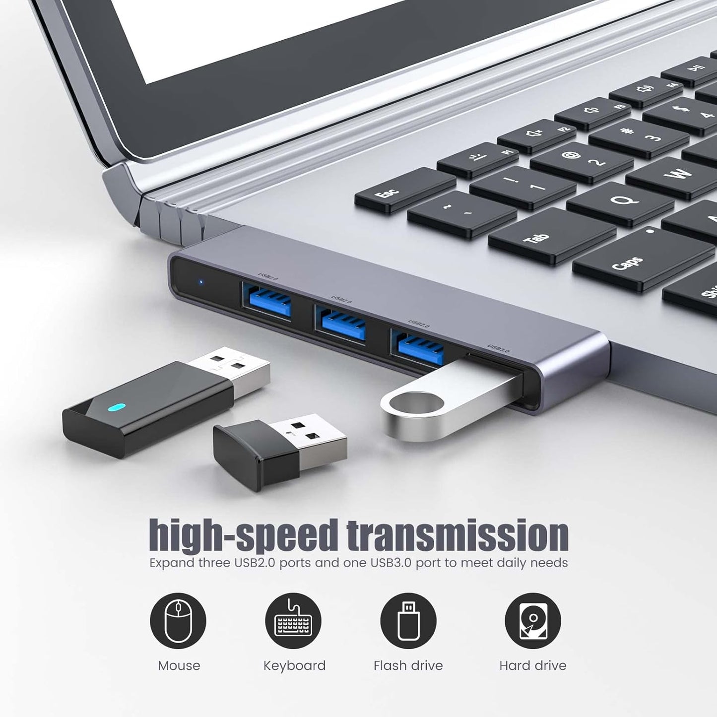 Small USB Hub, Fidioto 4 Port USB Adapter(1 * 3.0 Hub, 3 * 2.0 Hub), Multi USB Port Expander for Laptop, iMac Pro, MacBook Air, Mac Mini/Pro, Notebook PC, USB Flash Drives and Mobile HDD Etc.