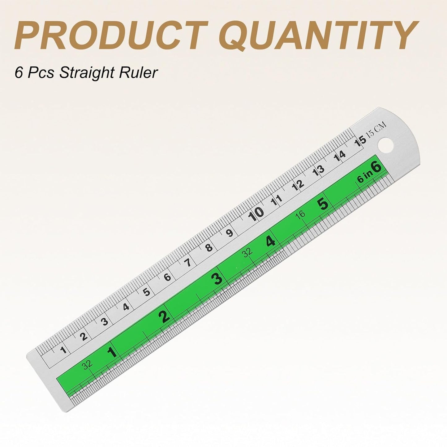 HARFINGTON 6pcs Metal Straight Ruler 15cm Metric SAE Aluminum Alloy Measuring Rulers Scale Tool with Hole for Measure Study Reading Classroom Office, Green