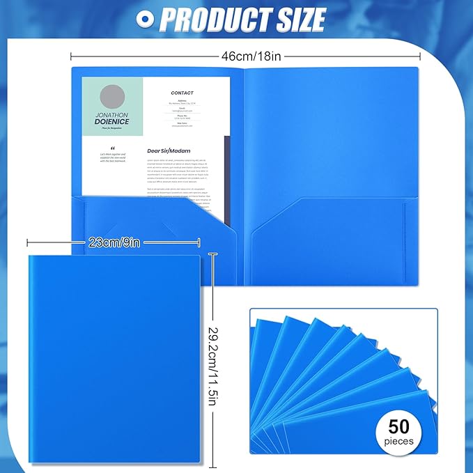 Gueevin 50 Pcs Plastic Folders with Pockets, Two Pocket Folder Fit Letter Size, Heavy Duty School Business Card Holder for Home Office School Bussiness, 11.61 x 9.45 Inches (Blue)