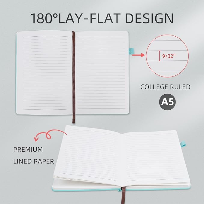 Lined Notebook Journal for Women Men 200 Pages A5 Hardcover Leather with Pen Holder College Ruled Journals for Work Note Taking Travel School Sky Blue