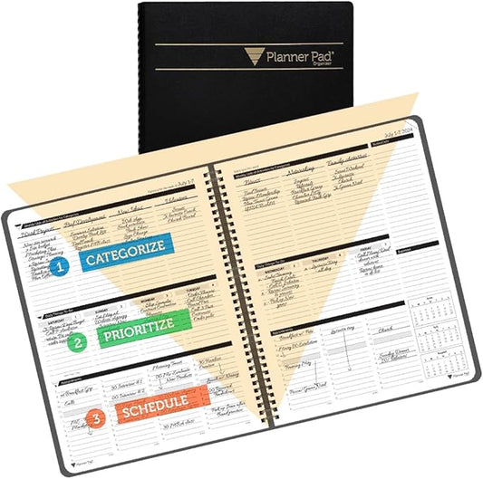 Planner Pad Spiral Bound July 2024 – June 2025 / Academic Year, 8 1/2" x 11" Large, 3-Tier Funnel Down 12 Month Organizer, Black Cover/Black Ink