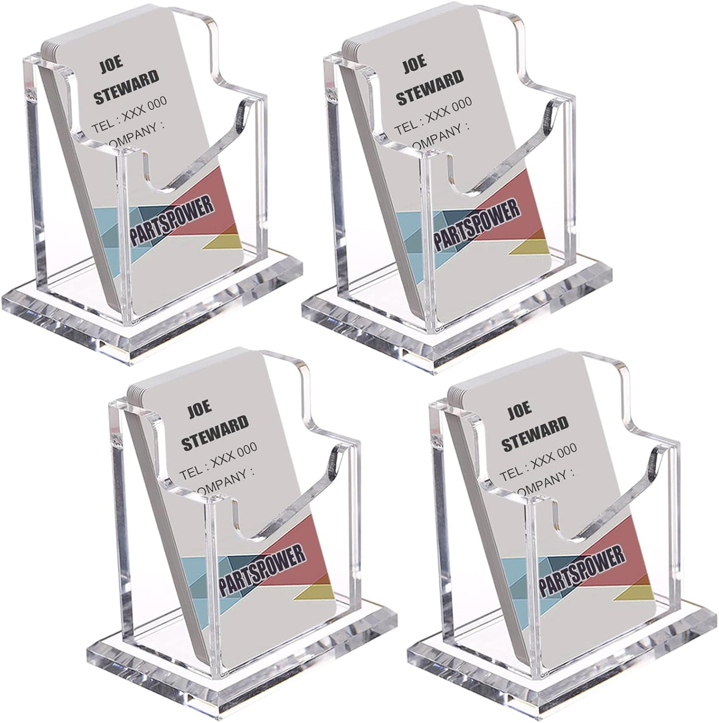PARTSPOWER 4 Packs Acrylic Business Card Holders for Desk, Vertical Clear Business Name Card Display Stand, Desk Accessory Business Name Card Organizer (Vertical, 1-Slot)