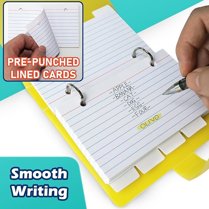 3x5 Lined Index Cards with Ring Binder Holder and Dividers, 100 Ruled Cards, Blue