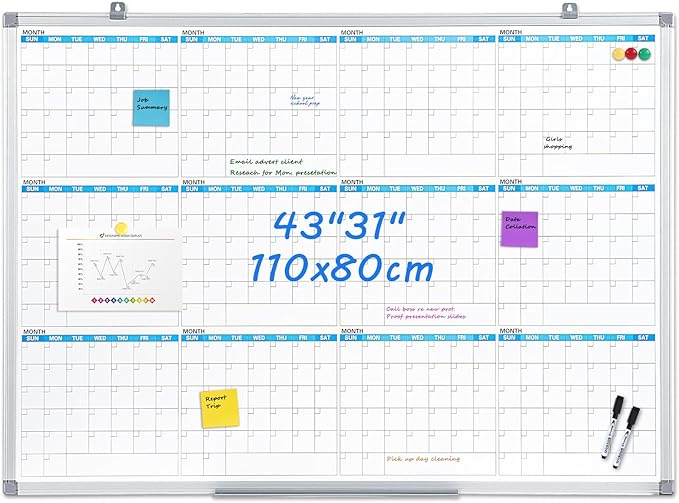 MAKELLO Large Magnetic Dry Erase Calendar Whiteboard Yearly for Home 43x31 in, Bedroom, Office, Classroom, 12 Months