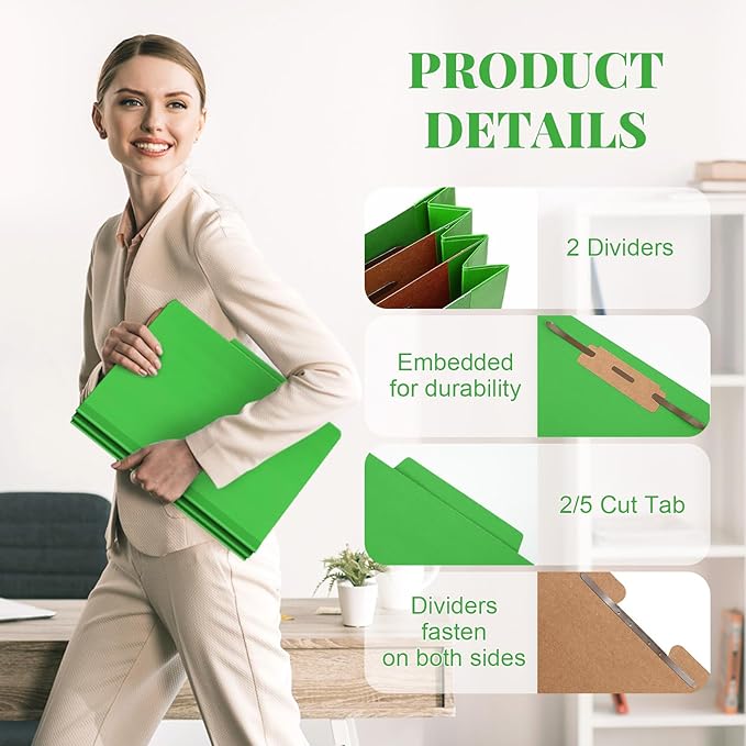 36 Pcs Classification Folders Bulk 2 Dividers File Folder with Fastener 2 Prongs Letter Size Pressboard Filefolders with 3.5 Inch Expansion for Organize Office Medical Document (Green)