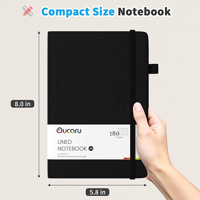 Lined Journal Notebook, 2 Pack, 180 Pages, A5 Journals for Writing, 100 GSM Thick Paper, Small Notebooks Daily Journal for Women Men Work, Business, School, Travel Supplies