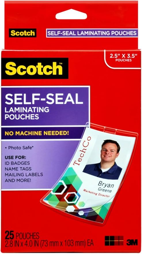 Scotch Self-Sealing Laminating Pouches, ID Badge Protectors Includes Clips, 2.25 Inches x 3.5 Inches, 25 Pouches, Great for Gift Tags