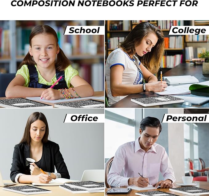 12 Pack Graph Paper Composition Notebook, 200 Pages (100 Sheets), 4x4 Grid, Graph Composition Notebook, Black Marble Hard Cover Quad Ruled Notebooks for School, Bulk Grid Composition Notebook