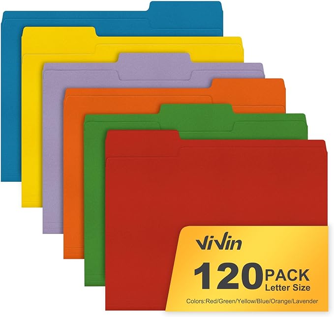 ViVin File Folders, Fits 8.5 x 11 Letter Size Paper, 1/3-Cut Tabs, 120 Pack Manilla Colored File Folders, Perfect for Home, Office, and School Documents File Paper(Multicolored)
