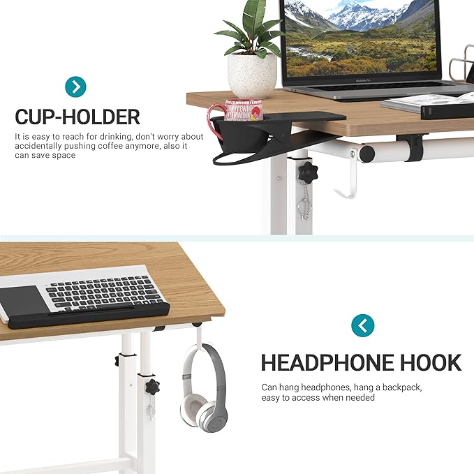 Klvied Mobile Standing Desk with Storage Bottom Shelf, Portable Stand Up Desk with Cup Holder, Adjustable Height Small Standing Desk, Rolling Desk with Wheels, Home Office Laptop Cart, Khaki