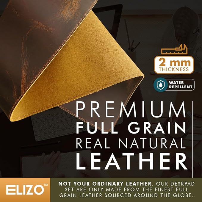 Leather Desk Pad (Real) Leather Desk Mat Set (32x16) Large Desk Cover Desk Blotter Desk Protector Computer Mat for Keyboard Gaming Mouse Pad Table Laptop Office Desktop Accessories Antique 2mm ELIZO
