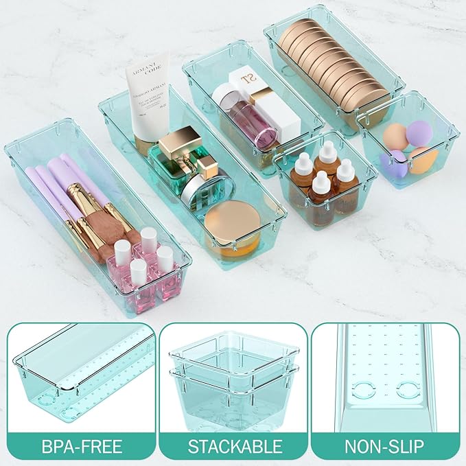 WOWBOX 6 Pack Clear Drawer Organizer Set, Acrylic Drawer Storage Trays, Storage Bins for Makeup, Cosmetics, Jewelries, Utensils, Gadgets, Office, Sea Blue