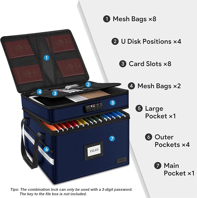 ETRONIK Fireproof Document Box with Lock, 2-Layer File Box Storage Organizer with 5 Tabs& Insert, Portable File Cabinet Storage Box with Handle for Hanging Letter/Legal Size Folder/Certificate, Blue