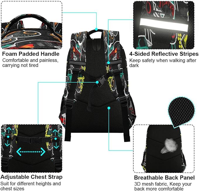 ALAZA Abstract Monster Truck Car Backpacks Travel Laptop Daypack School Book Bag for Men Women Teens Kids