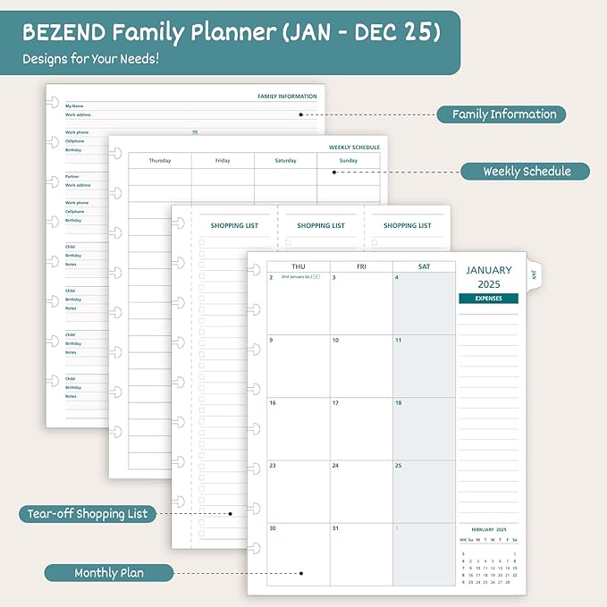 BEZEND Life Planner 2025 Weekly & Monthly Family Organizer with 6 Columns 7" x 9" - Agenda 2025 Family Calendar with Tabs, Pocket & Tear-off Shopping List, Disc Bound Flexible Cover - Lilac