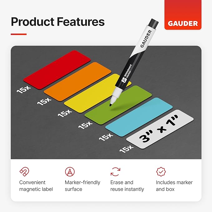 GAUDER Magnetic Dry Erase Labels | 90x Magnetic Labels (3 Inches x 1 Inch) | Dry Erase Magnets for Classroom, Whiteboard and Blackboard