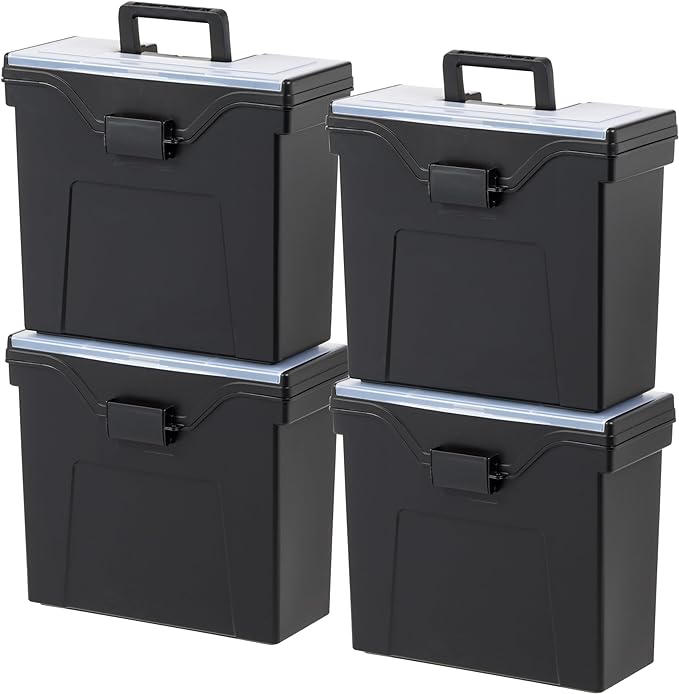 IRIS USA File Box Slim with Lid File Organizer for Letter File w/ Organizer-Lid, Water Resistant Document Box, Plastic Mobile Filing Organizer, Secure Buckle, Portable Handle, Lockable, Black 4 Pack