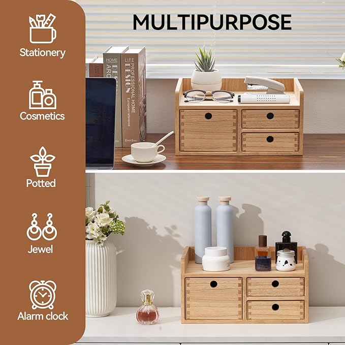 KIRIGEN Desk Organizer with 3 Drawers - Wood Drawer Storage Box with Trays for Tabletop - Workspace Office Toiletries Supplies Tool Caddy - Wooden Storage Cabinet Natural（DT1D3C-NA）