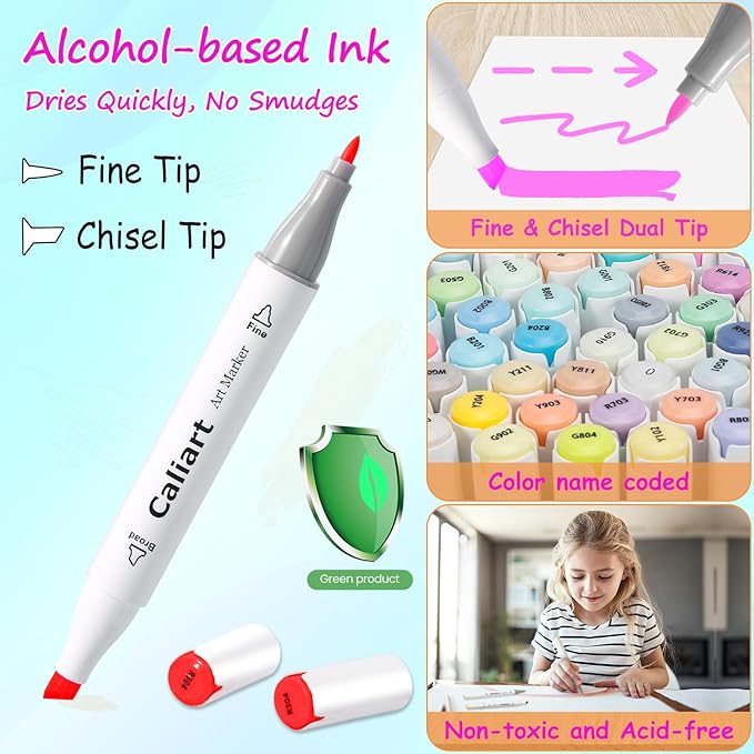 Caliart Markers, 121 Colors Dual Tip Art Markers Sketch Pens, Easter Basket Stuffers for Kids Teens Toddler, Permanent Alcohol Based Markers for Adult Book Eggs Decorations Gift Drawing Supplies Kit