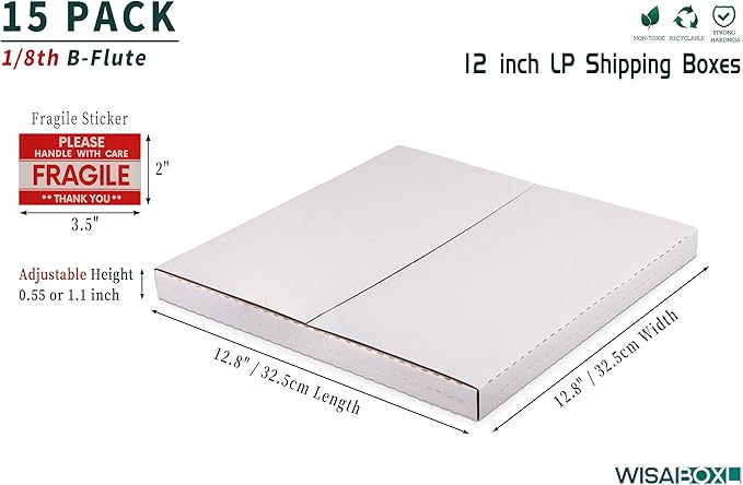 White Vinyl Record Mailers 12.8x12.8x1 Inch LP Mailing Corrugated Cardboard Boxes, Easy-Fold, Multi-Depth Album Shipping Boxes with Fragile Stickers, 15 Pack