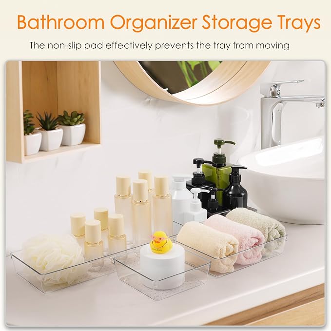 Criusia Drawer Organizer, 6 Pack Large Clear Plastic Drawer Organizers Set, 2 Size Versatile Bathroom and Vanity Drawer Organizer Trays, Storage Bins for Makeup, Bedroom, Kitchen Gadgets Utensils